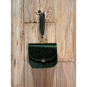 Vintage-Inspired Green Faux Leopard Fur Satchel Shoulder Bag With Gold Turn Lock